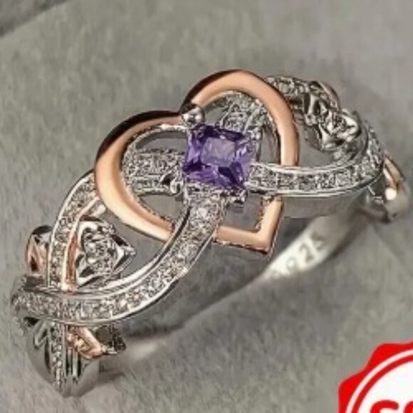 925 Sterling Silver Infinity Heart Ring with Purple Cubic Zirconia - Picture 1 of 6
